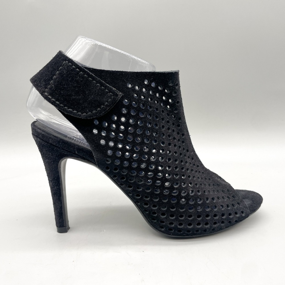 Pedro Garcia Womens 37 Peep Toe Slingback Heels Black Suede Perforated Goth Edgy